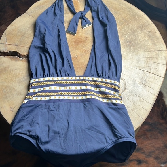 MICHAEL Michael Kors Cross Front Halter One Piece Swimsuit - Chain Border12 A301 - Picture 6 of 7